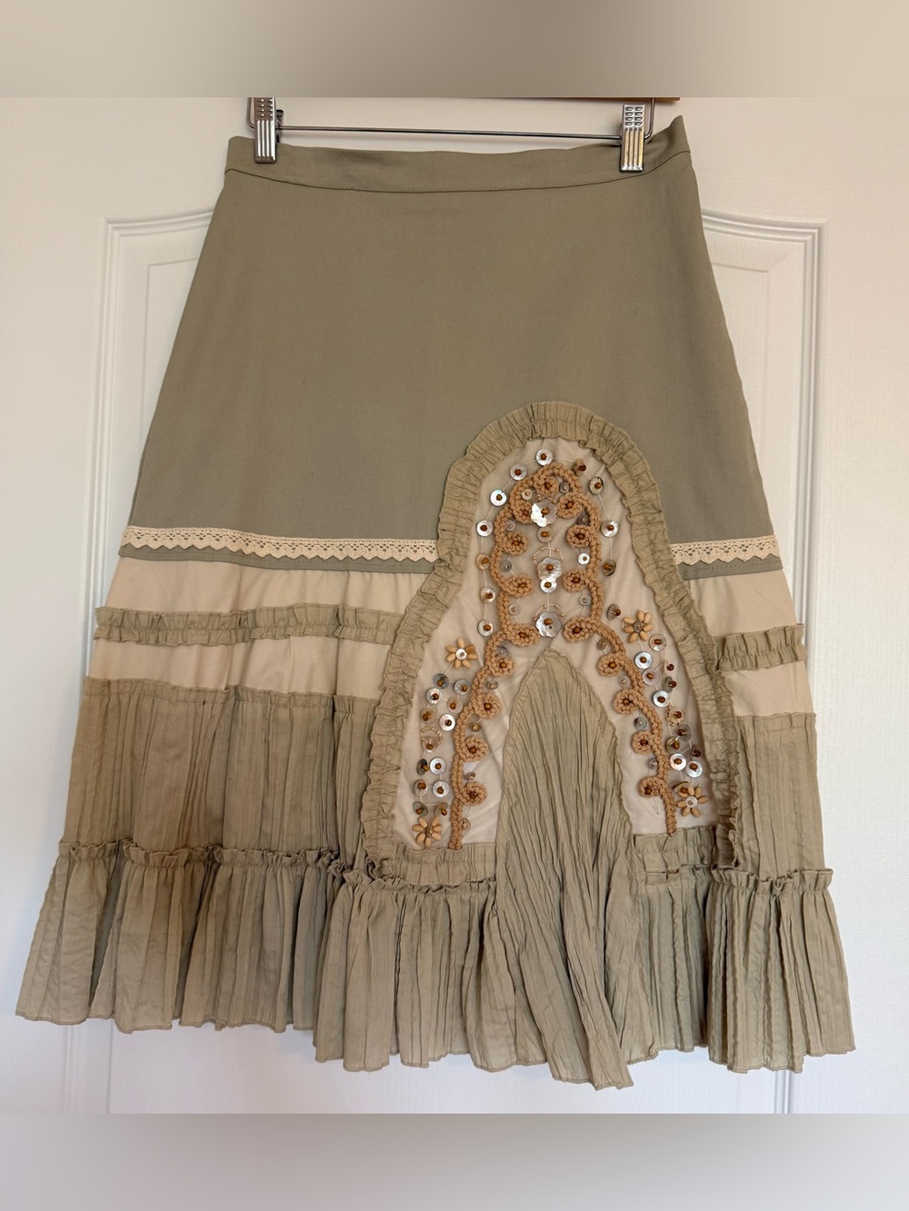 Boho Embellished Midi Skirt Crochet Beaded Mother of Pearl Cottagecore S